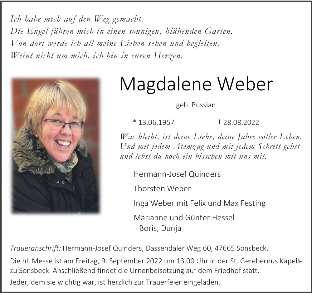  Traueranzeige für Magdalene Weber vom 31.08.2022 aus Rheinische Post