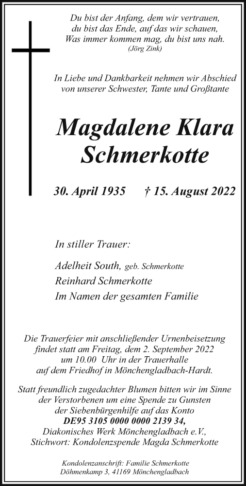 Traueranzeige von Magdalene Klara Schmerkotte von Rheinische Post