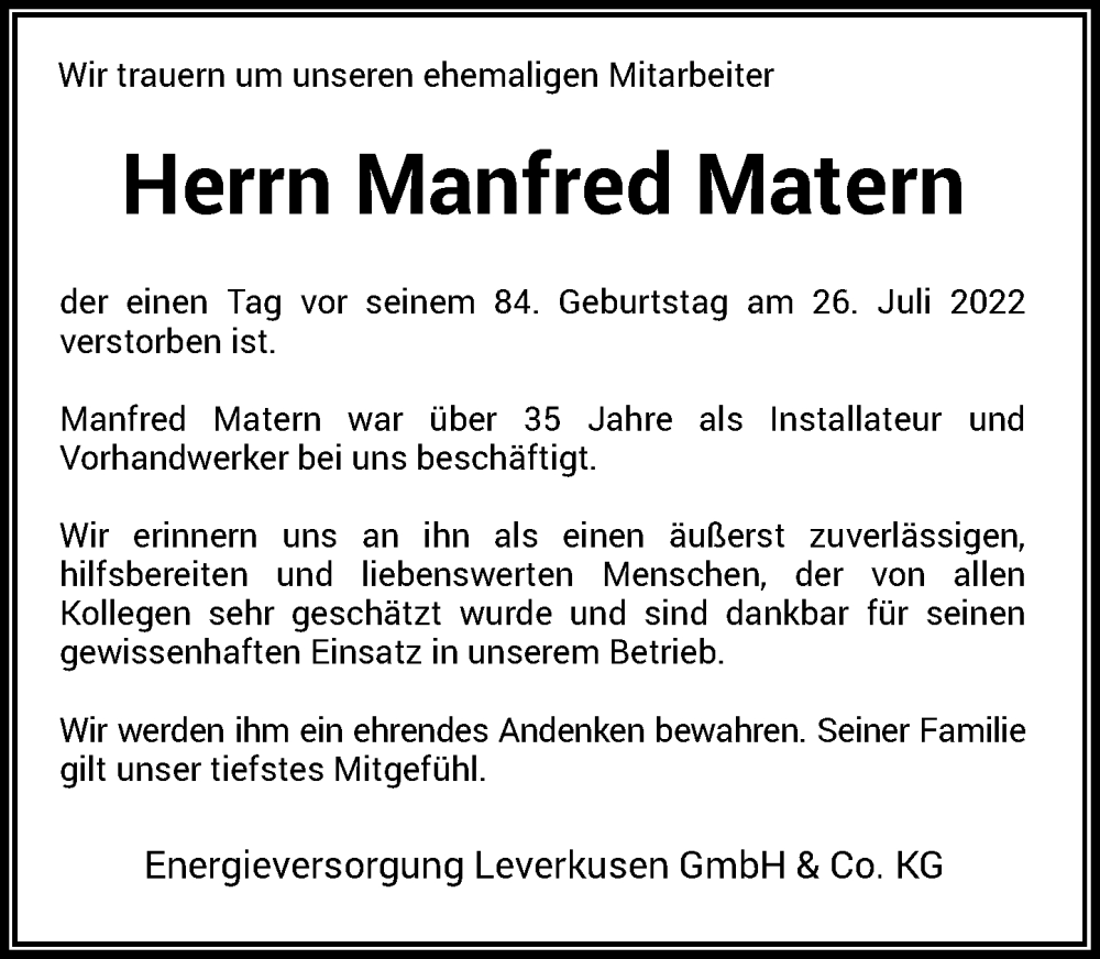  Traueranzeige für Manfred Matern vom 06.08.2022 aus Rheinische Post