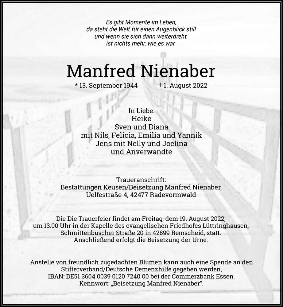  Traueranzeige für Manfred Nienaber vom 13.08.2022 aus Rheinische Post