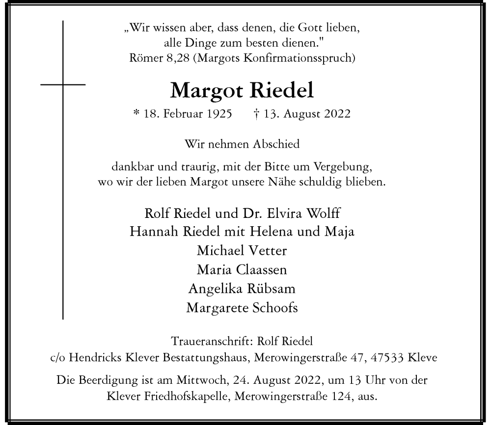  Traueranzeige für Margot Riedel vom 17.08.2022 aus Rheinische Post