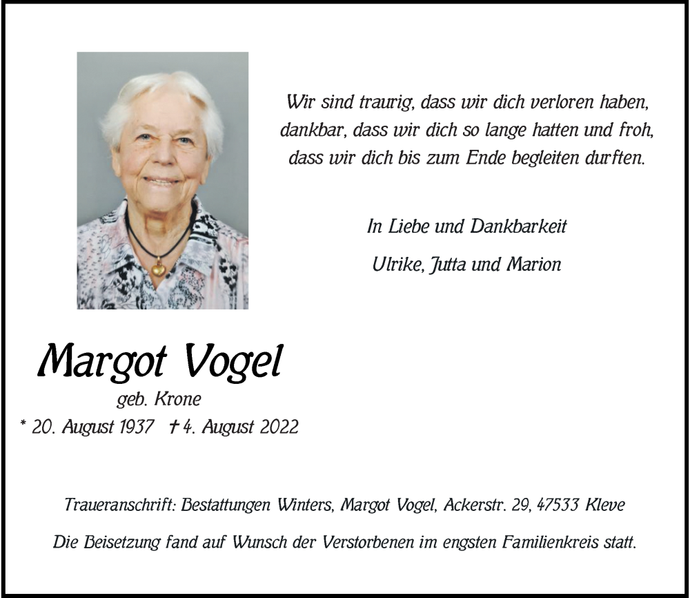  Traueranzeige für Margot Vogel vom 11.08.2022 aus Rheinische Post