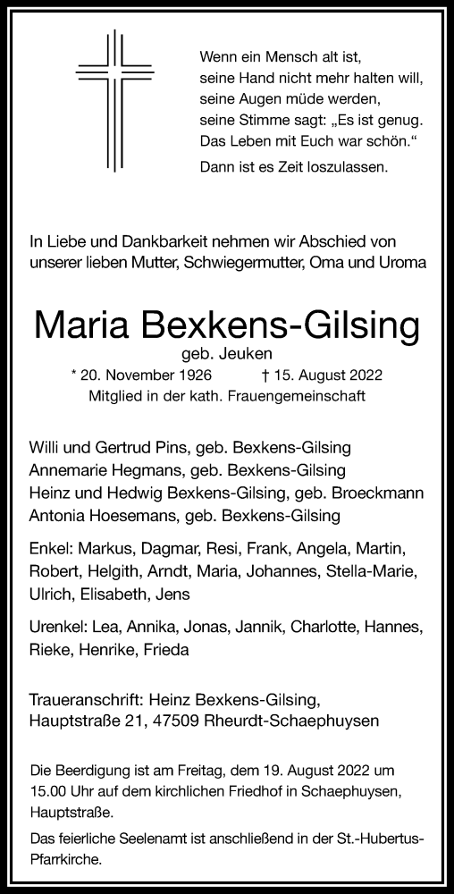 Traueranzeige von Maria Bexkens-Gilsing von Rheinische Post