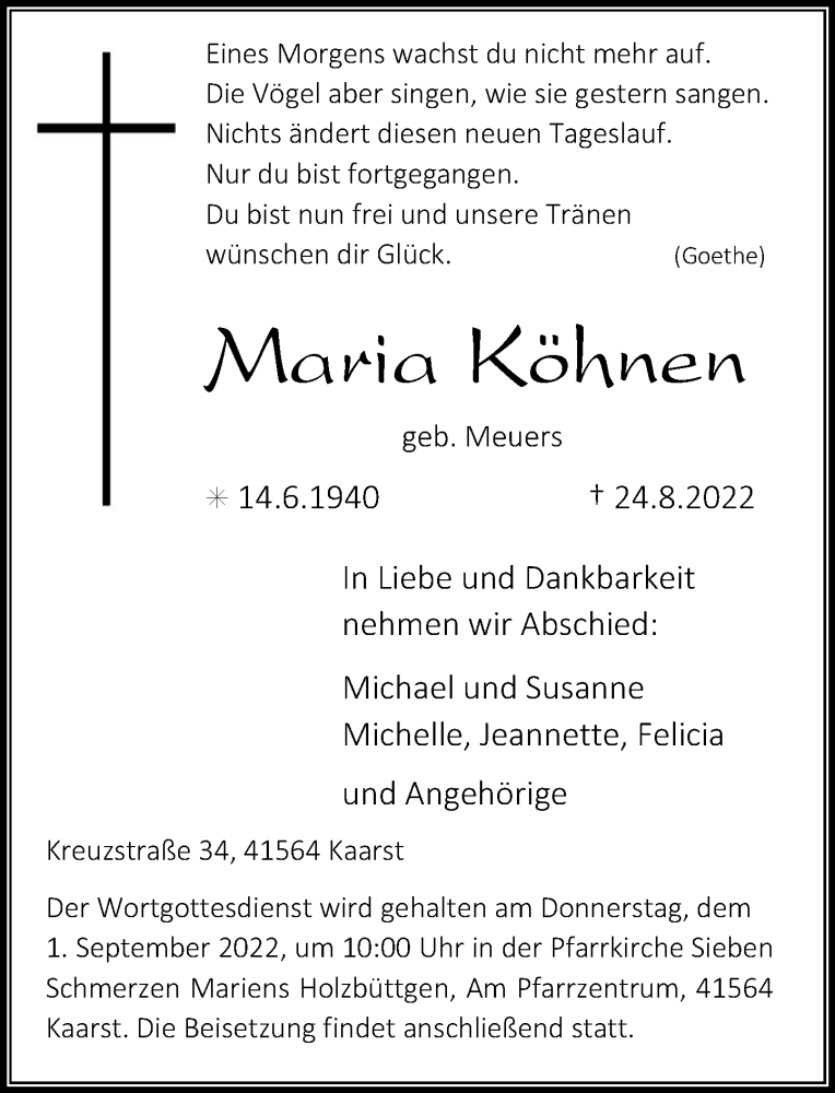  Traueranzeige für Maria Köhnen vom 27.08.2022 aus Rheinische Post