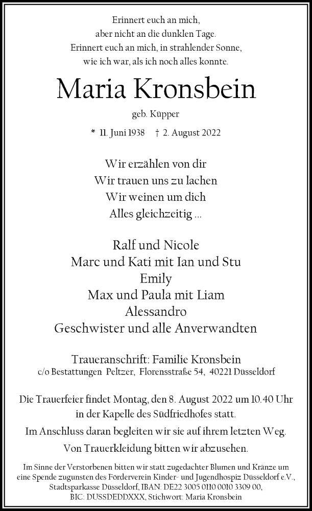  Traueranzeige für Maria Kronsbein vom 06.08.2022 aus Rheinische Post