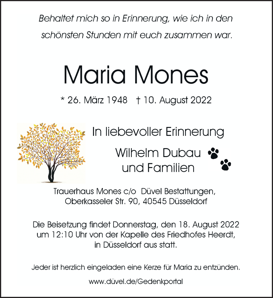  Traueranzeige für Maria Mones vom 13.08.2022 aus Rheinische Post