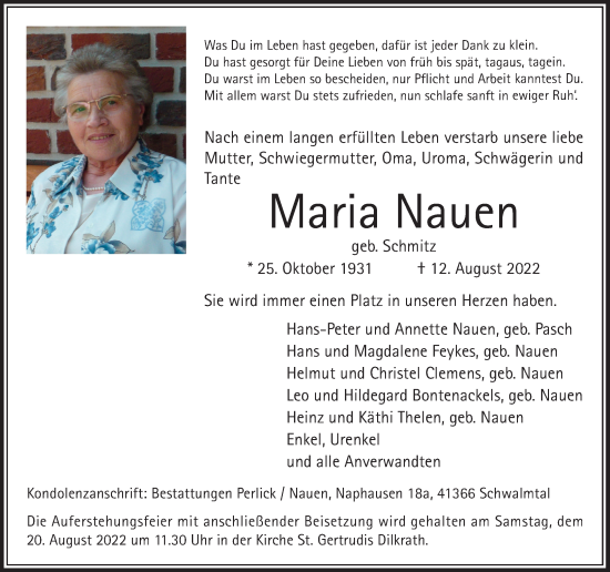 Traueranzeige von Maria Nauen von Rheinische Post