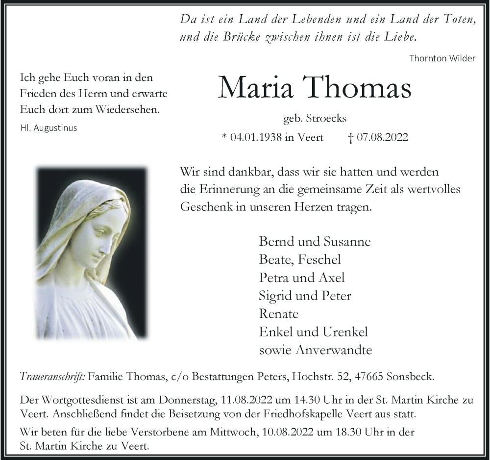  Traueranzeige für Maria Thomas vom 09.08.2022 aus Rheinische Post