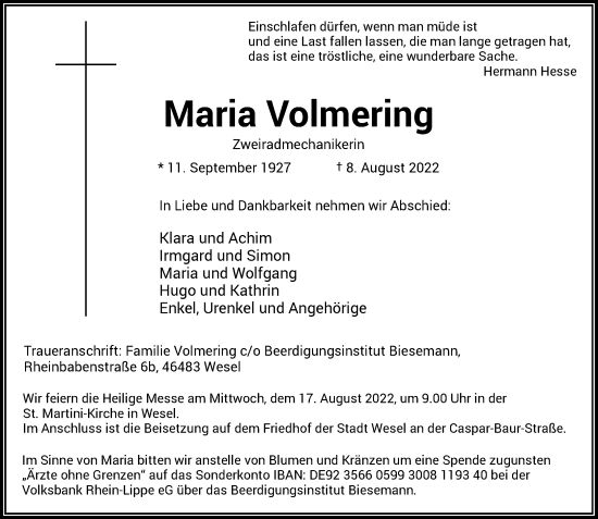 Traueranzeige von Maria Volmering von Rheinische Post