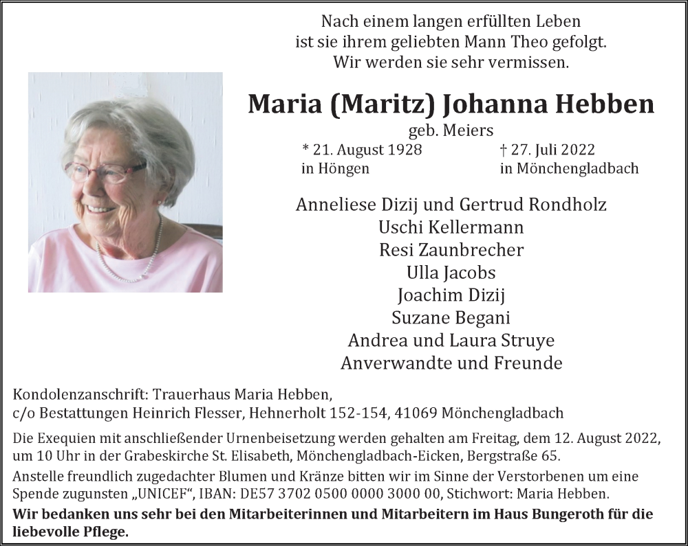  Traueranzeige für Maria Johanna Hebben vom 06.08.2022 aus Rheinische Post