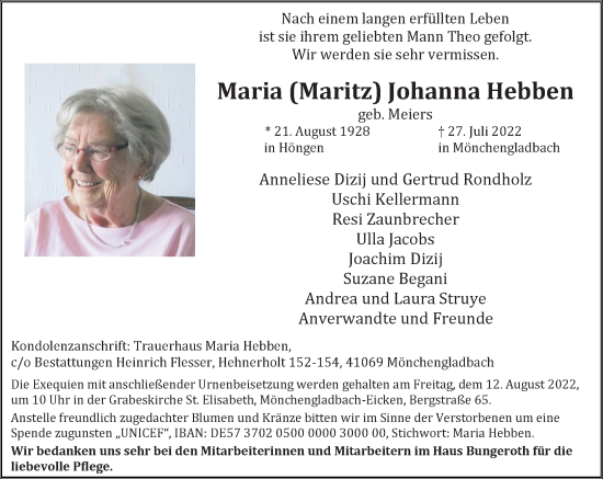 Traueranzeige von Maria Johanna Hebben von Rheinische Post