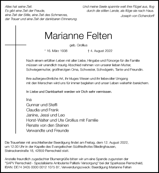 Traueranzeige von Marianne Felten von Rheinische Post