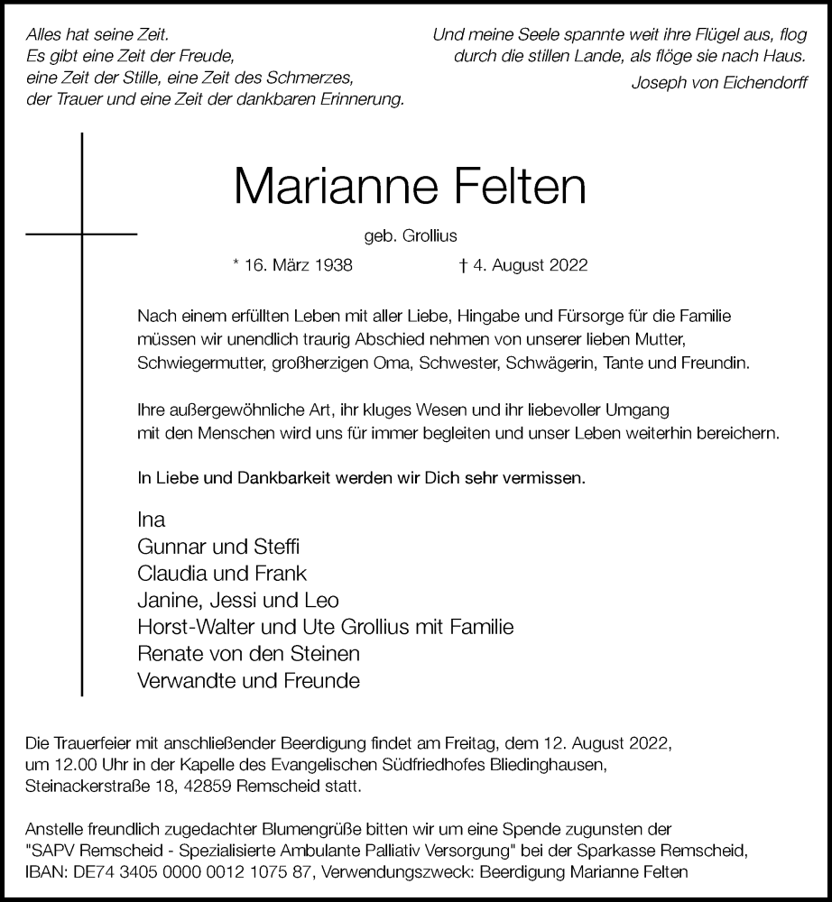  Traueranzeige für Marianne Felten vom 06.08.2022 aus Rheinische Post
