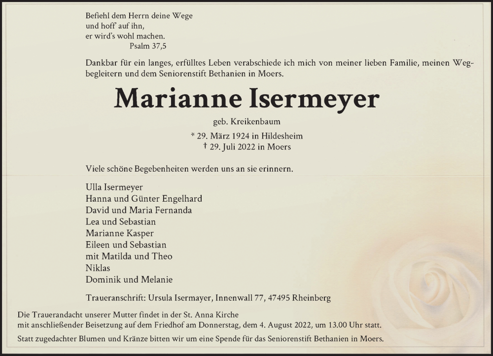 Traueranzeige für Marianne Isermeyer vom 02.08.2022 aus Rheinische Post