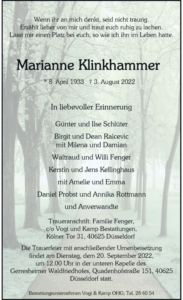  Traueranzeige für Marianne Klinkhammer vom 13.08.2022 aus Rheinische Post