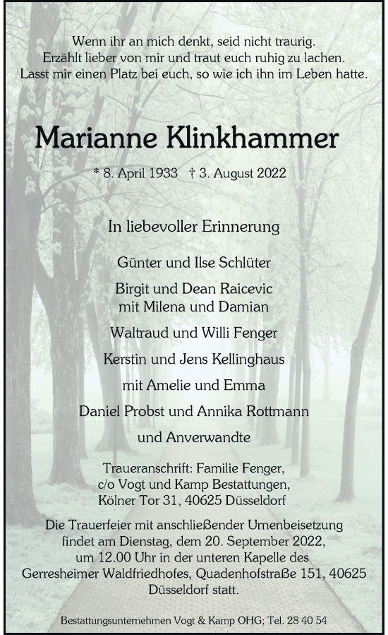 Traueranzeige von Marianne Klinkhammer von Rheinische Post
