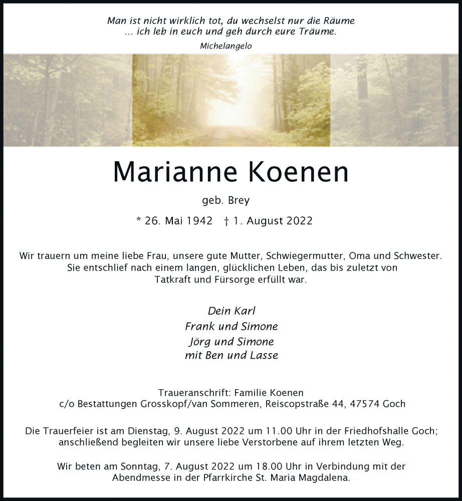 Traueranzeige für Marianne Koenen vom 05.08.2022 aus Rheinische Post