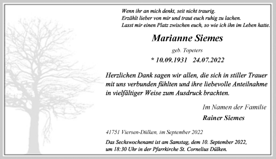 Traueranzeige von Marianne Siemes von Rheinische Post