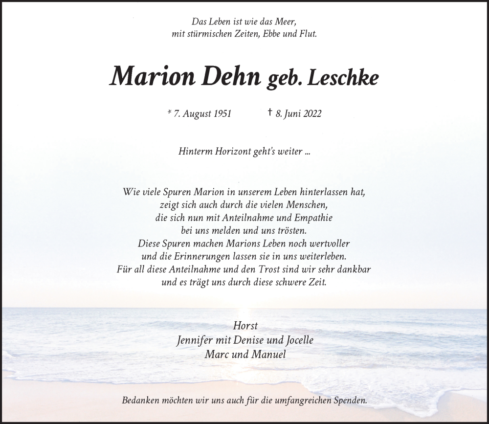  Traueranzeige für Marion Dehn vom 06.08.2022 aus Rheinische Post