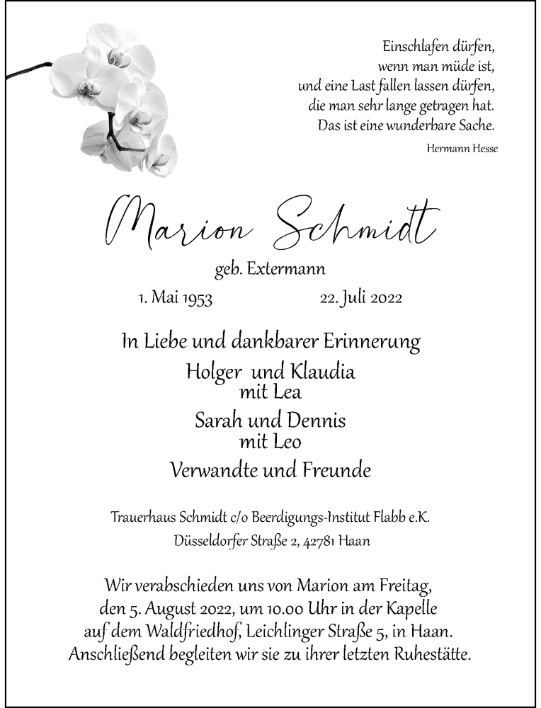  Traueranzeige für Marion Schmidt vom 03.08.2022 aus Rheinische Post