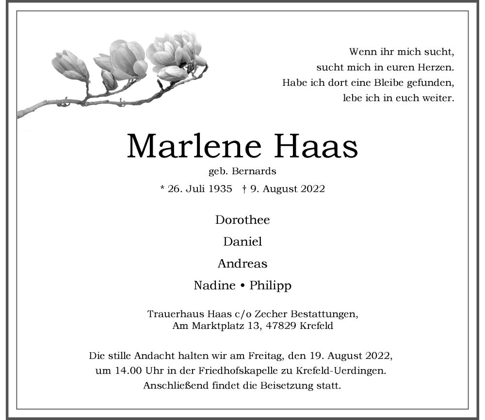  Traueranzeige für Marlene Haas vom 13.08.2022 aus Rheinische Post