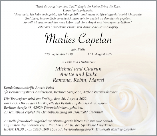 Traueranzeige von MaRlies Capelan von Rheinische Post