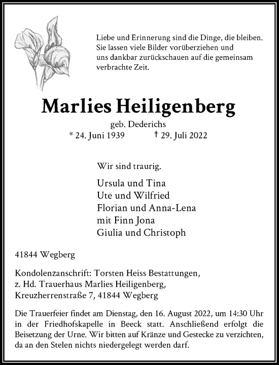 Traueranzeige von Marlies Heiligenberg von Rheinische Post