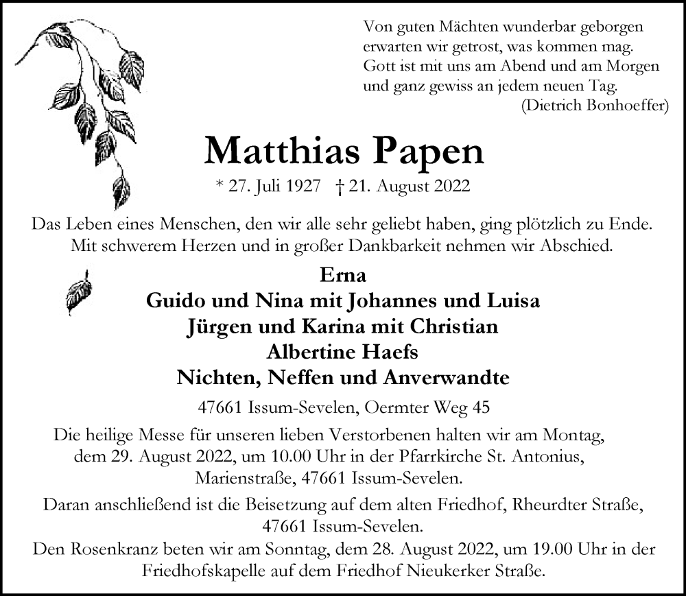  Traueranzeige für Matthias Papen vom 25.08.2022 aus Rheinische Post