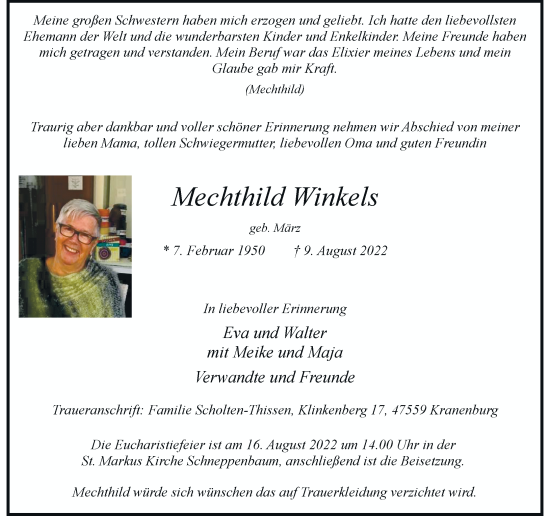 Traueranzeige von Mechthild Winkels von Rheinische Post