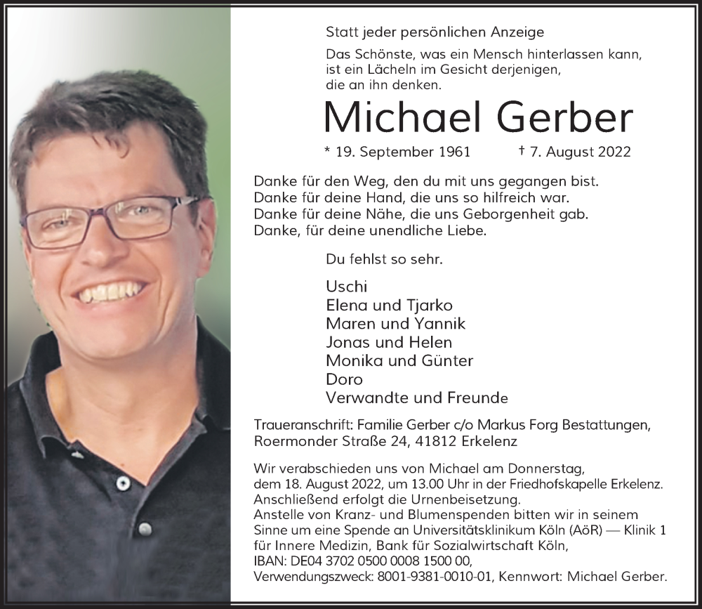  Traueranzeige für Michael Gerber vom 12.08.2022 aus Rheinische Post