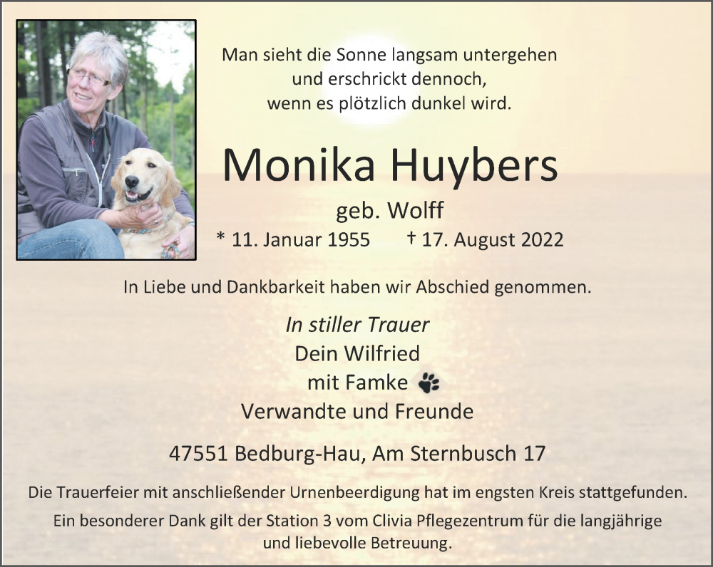  Traueranzeige für Monika Huybers vom 27.08.2022 aus Rheinische Post