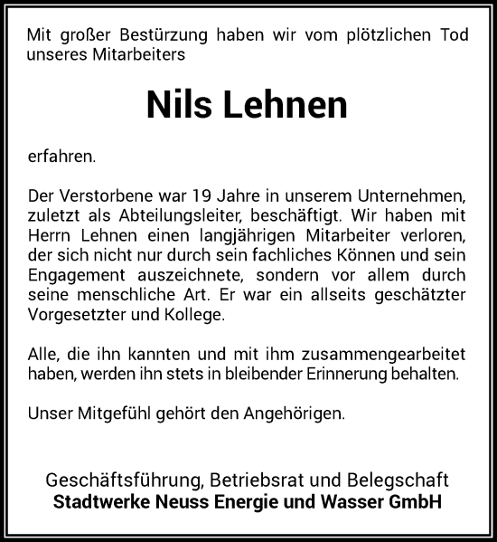 Traueranzeige von Nils Lehnen von Rheinische Post