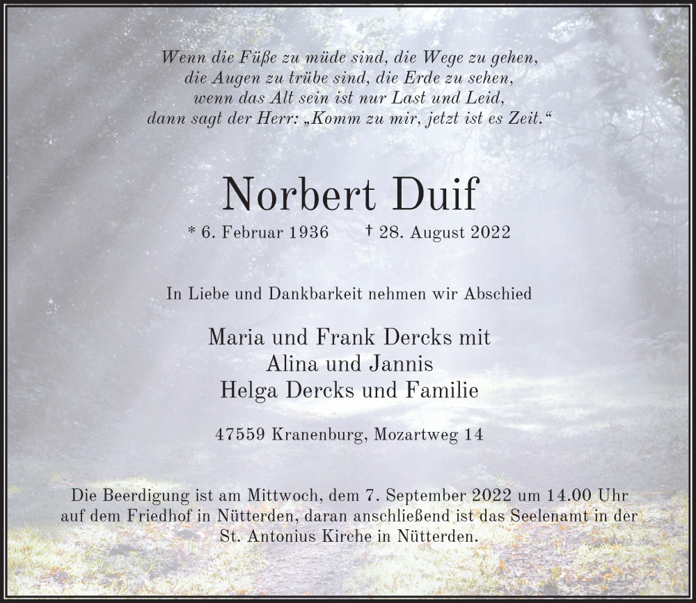  Traueranzeige für Norbert Duif vom 31.08.2022 aus Rheinische Post