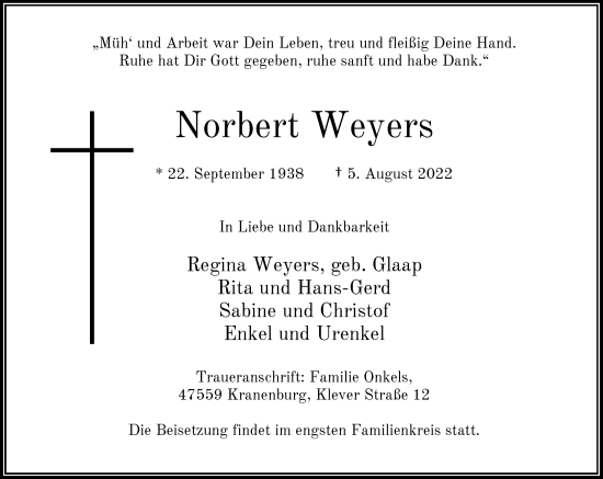 Traueranzeige von Norbert Weyers von Rheinische Post