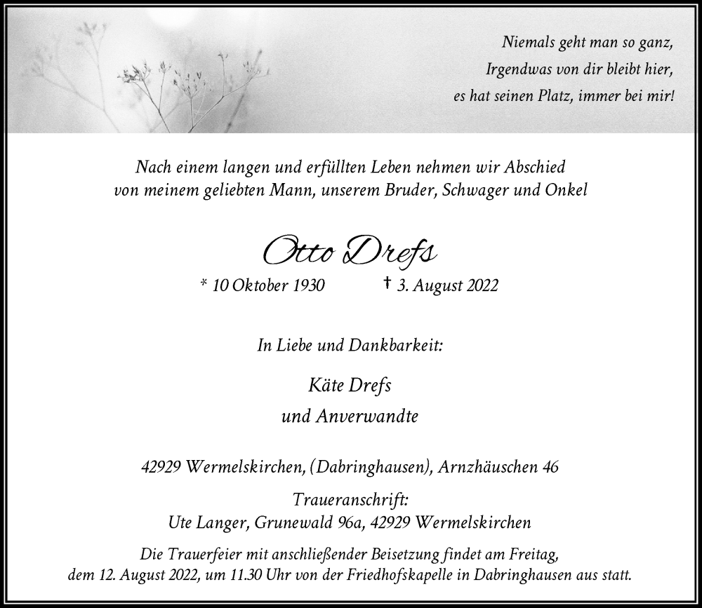  Traueranzeige für Otte Drefs vom 06.08.2022 aus Rheinische Post