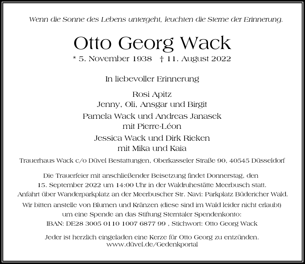  Traueranzeige für Otto Georg Wack vom 27.08.2022 aus Rheinische Post