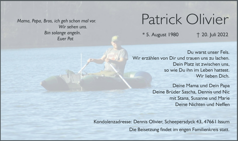  Traueranzeige für Patrick Olivier vom 05.08.2022 aus Rheinische Post