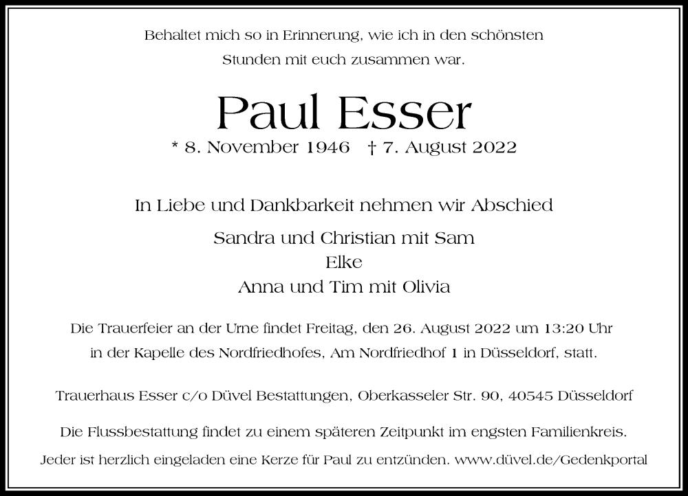  Traueranzeige für Paul Esser vom 13.08.2022 aus Rheinische Post