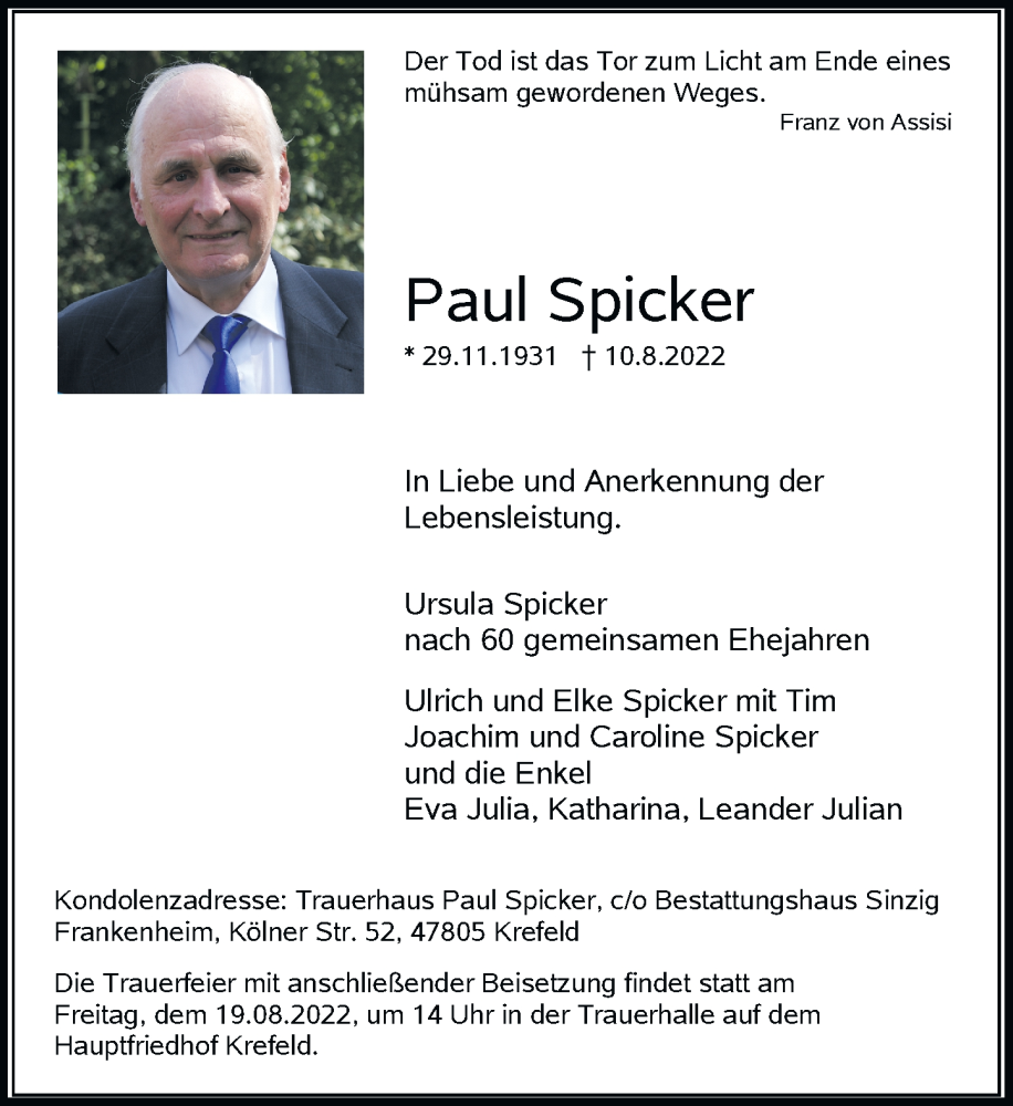  Traueranzeige für Paul Spicker vom 13.08.2022 aus Rheinische Post