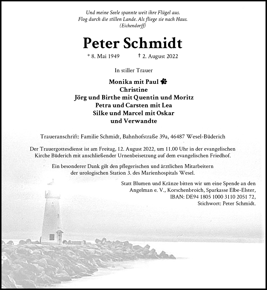  Traueranzeige für Peter Schmidt vom 06.08.2022 aus Rheinische Post