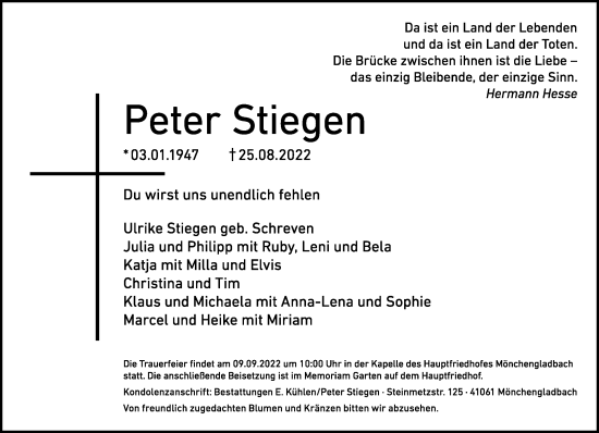 Traueranzeige von Peter Stiegen von Rheinische Post