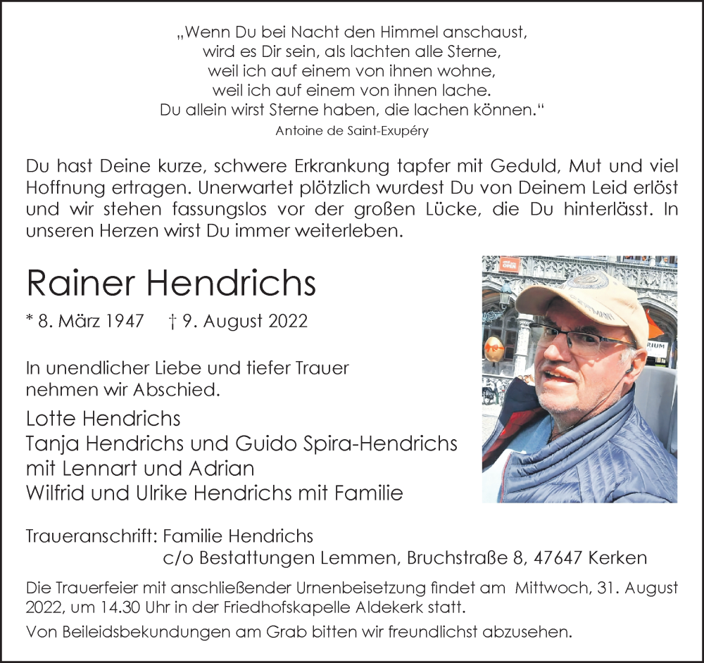  Traueranzeige für Rainer Hendrichs vom 16.08.2022 aus Rheinische Post