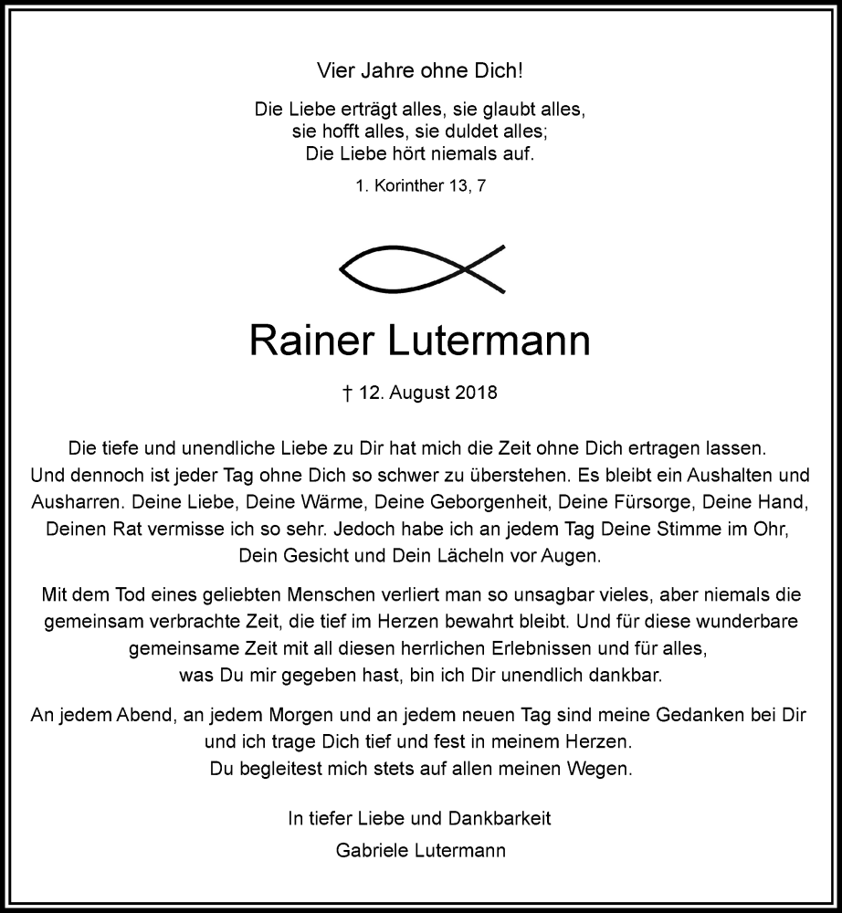  Traueranzeige für Rainer Lutermann vom 13.08.2022 aus Rheinische Post