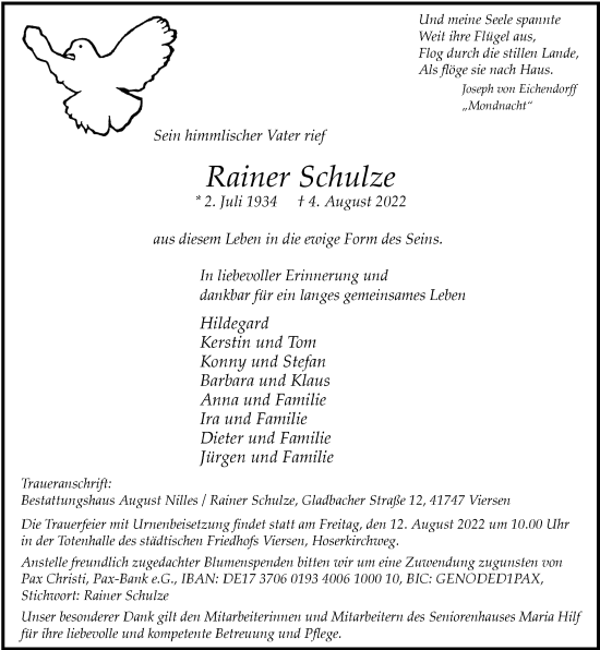 Traueranzeige von Rainer Schulze von Rheinische Post
