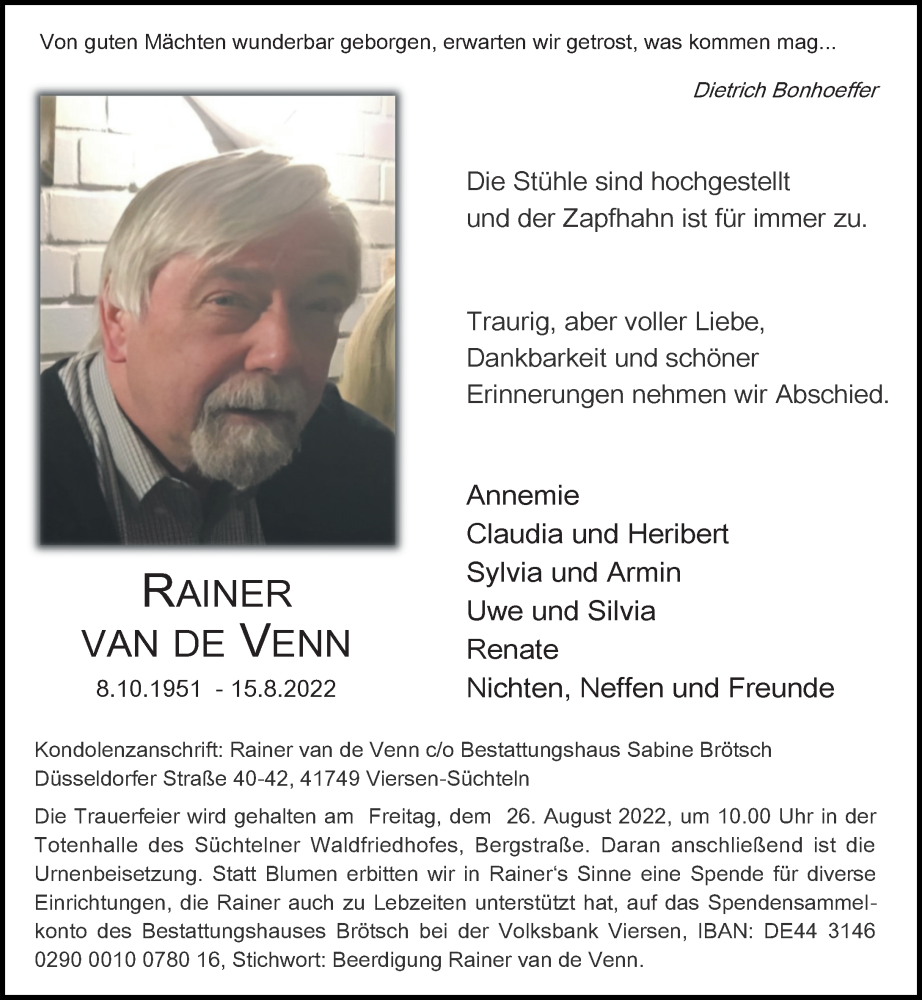  Traueranzeige für Rainer van de Venn vom 20.08.2022 aus Rheinische Post
