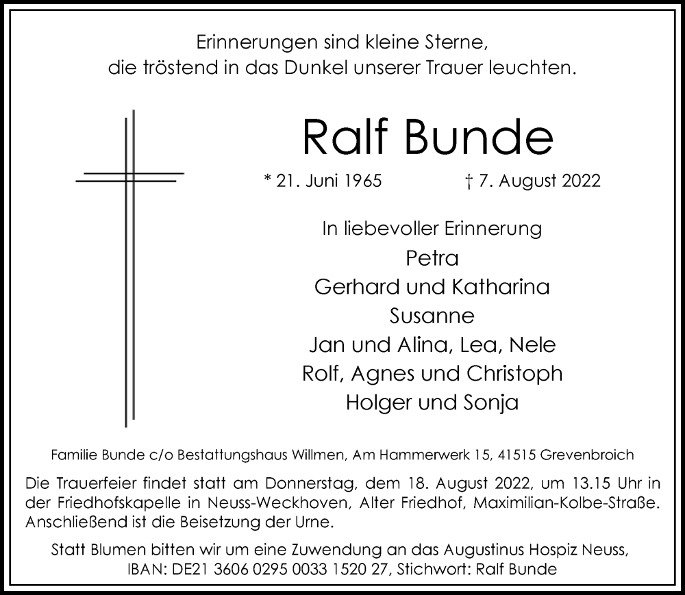  Traueranzeige für Ralf Bunde vom 13.08.2022 aus Rheinische Post