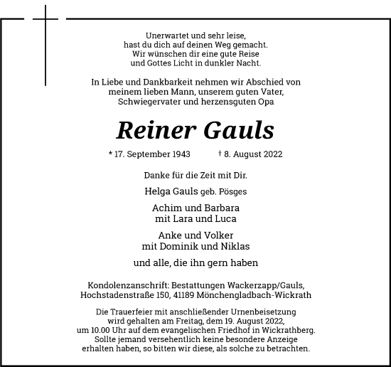 Traueranzeige von Reiner Gauls von Rheinische Post