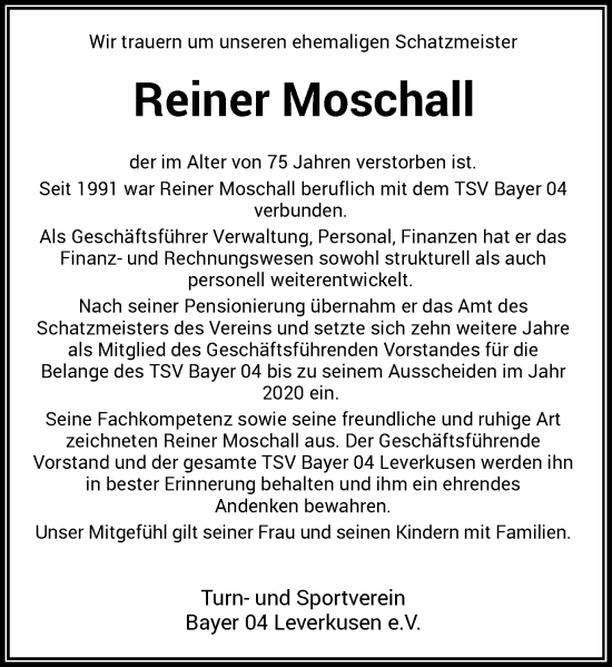 Traueranzeige von Reiner Moschall von Rheinische Post
