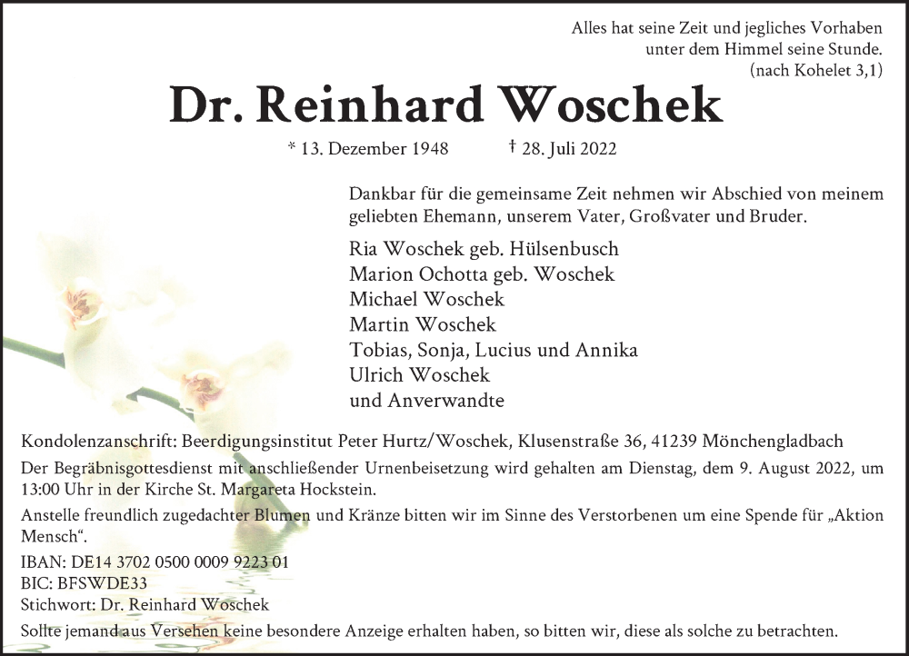  Traueranzeige für Reinhard Woschek vom 06.08.2022 aus Rheinische Post