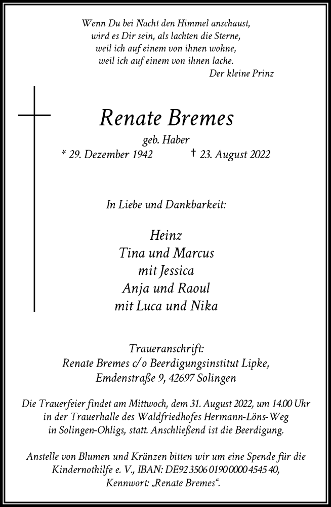  Traueranzeige für Renate Bremes vom 27.08.2022 aus Rheinische Post